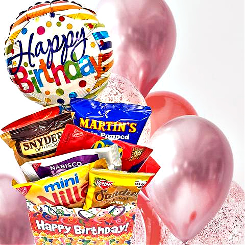 Happy Birthday Gift Box-Basket Wrapped With Red Bow-Card-Snacks-Candy 