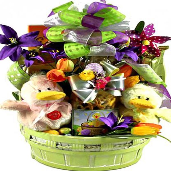 MORE EASTER GIFT BASKET PLUSH DUCK FLOWER CANDY BOUQUET EGG TREATS JUST DUCKY