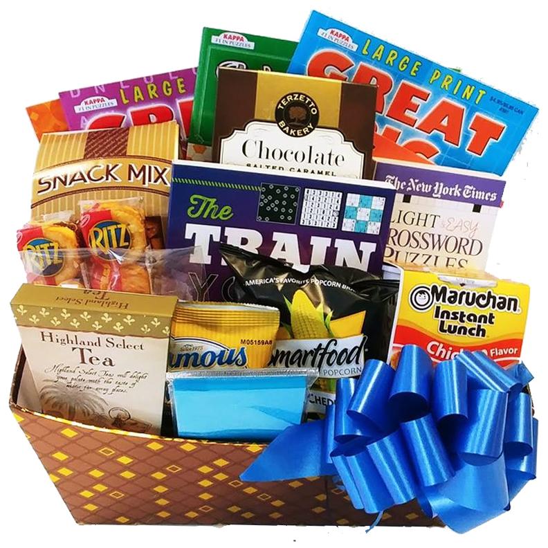 The Entertainer Gift Basket with Books, Puzzle Books, Soup and Snacks