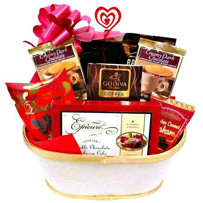 Sweethearts Gift Basket with Chocolate Cookies and Cake