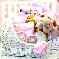 Baby Girl Bassinet Gift Basket With Darling New Baby Girl Gifts