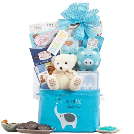 Blue baby boy gift basket