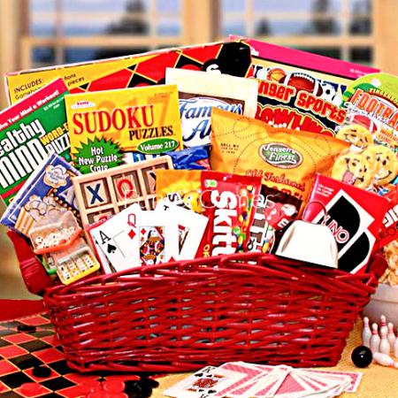 fun, games, and treats gift basket