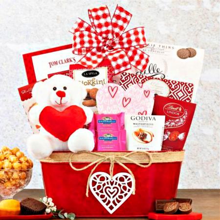 valentines day gift basket with teddy bear