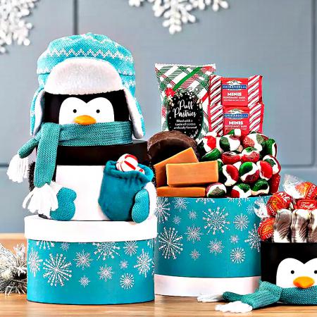 sweet holiday penquin gift tower