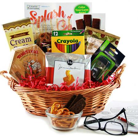 Adult Coloring Book & Tasty Snacks Gift Basket