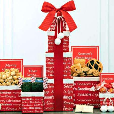 merry Christmas gift tower of holiday treats