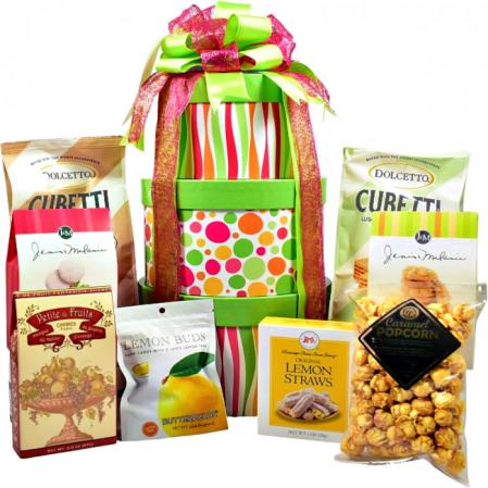 gift tower of treats and goodies