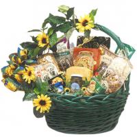 gourmet gift basket trimmed in sunflowers