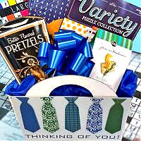 Thinking of You Men's Gift Basket with Puzzle Books and Snacks for Any Occasion
