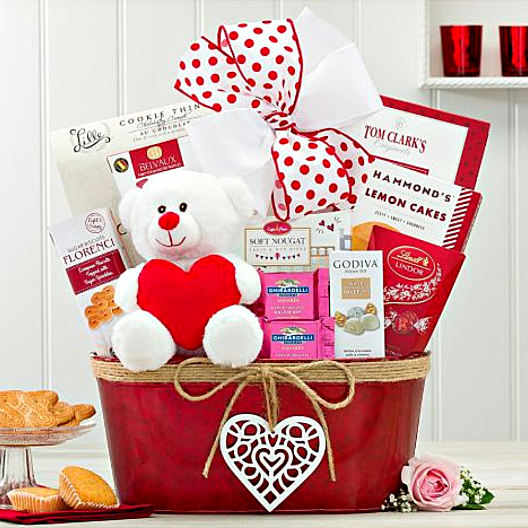 Happy Valentine's Day Gift Basket With Soft Teddy Bear